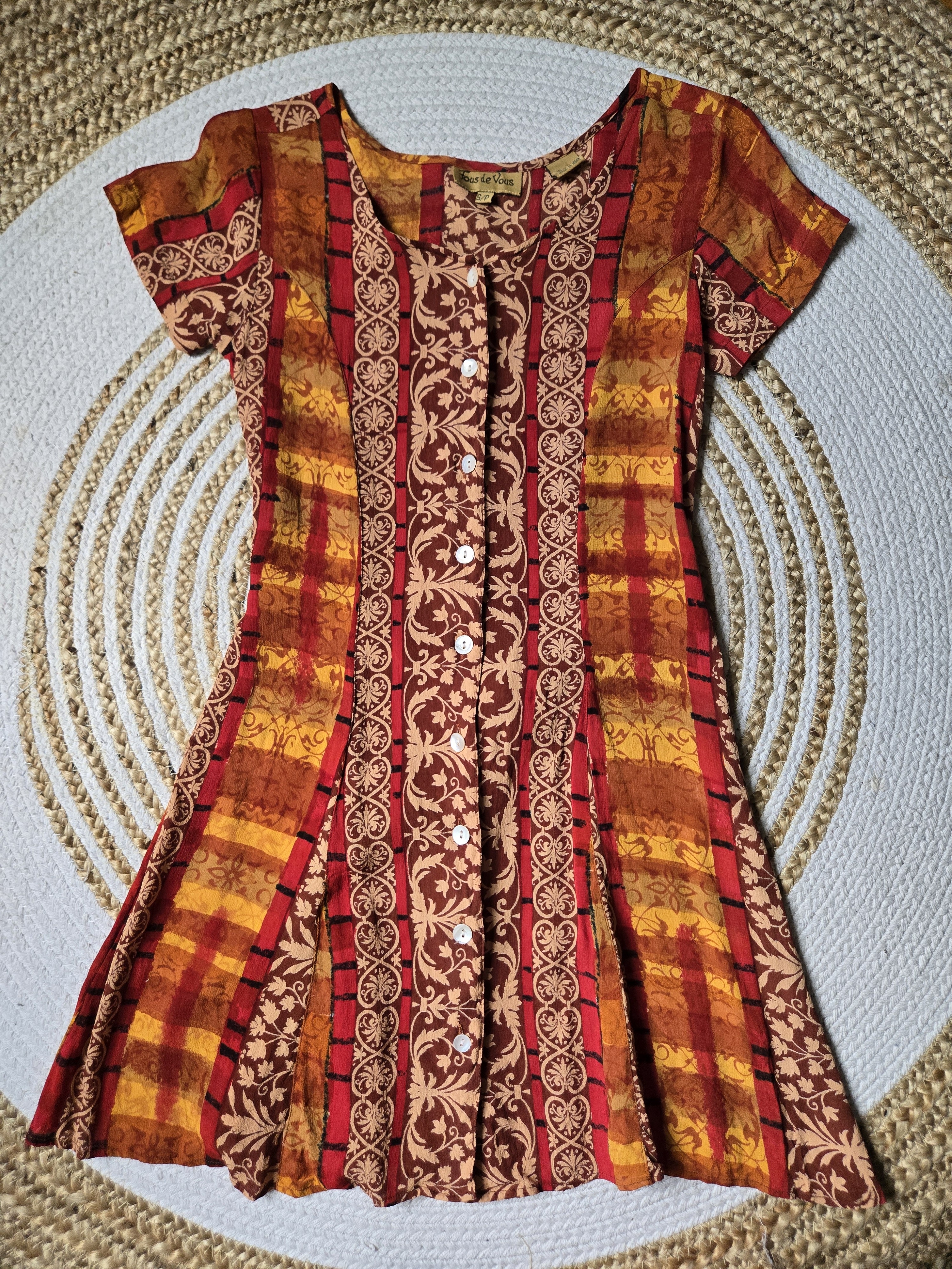 Vintage 90s Red & Gold Patterned Button Mini Dress Soft Grunge Whimsigoth Boho S